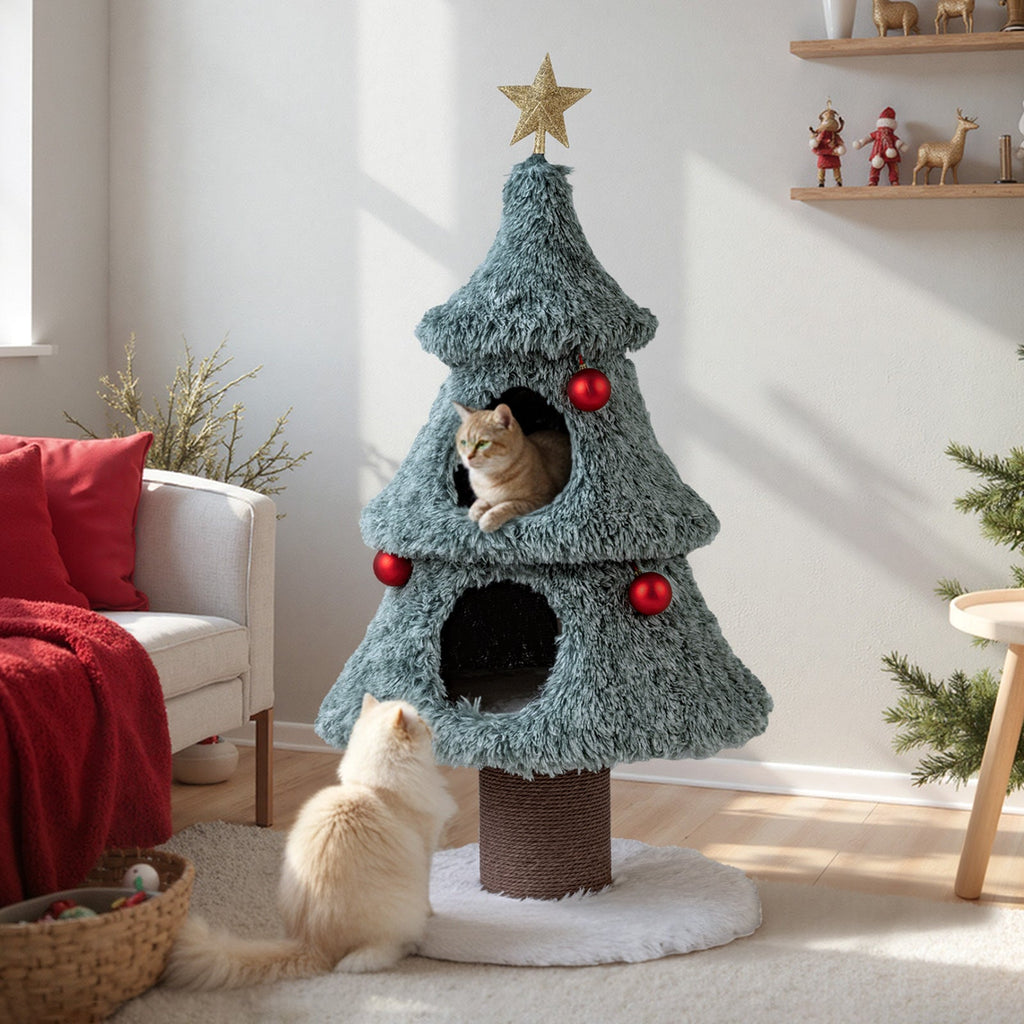 Christmas Cat Tree for Indoor Cats 48.5 inch Tower with 2 Large Condos Scratching Post-Green