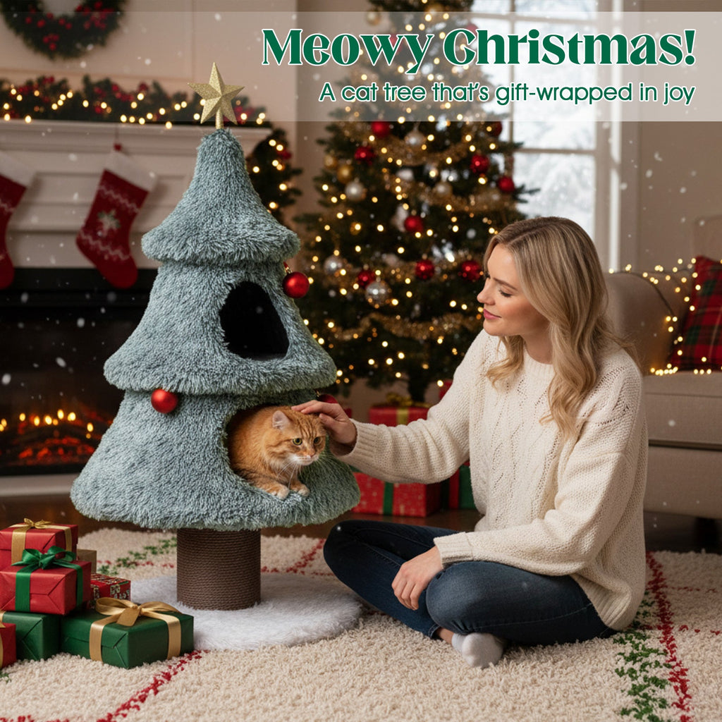 Christmas Cat Tree for Indoor Cats 48.5 inch Tower with 2 Large Condos Scratching Post-Green