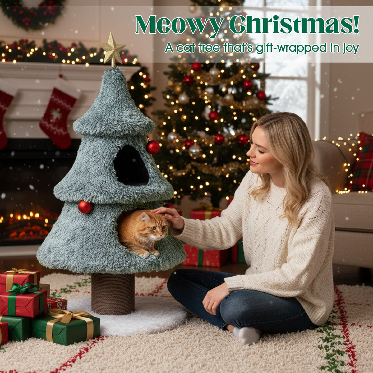 Christmas Cat Tree for Indoor Cats 48.5 inch Tower with 2 Large Condos Scratching Post-Green