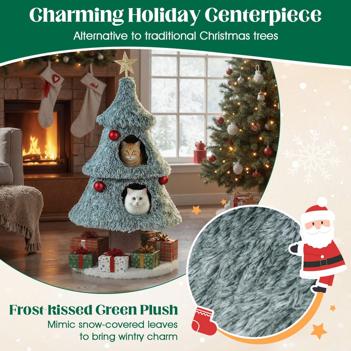 Christmas Cat Tree for Indoor Cats 48.5 inch Tower with 2 Large Condos Scratching Post-Green