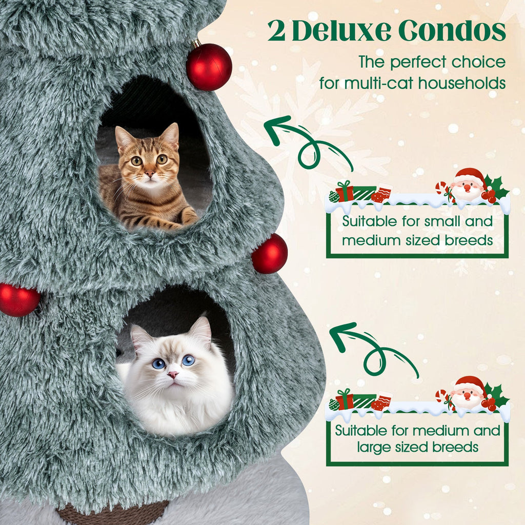 Christmas Cat Tree for Indoor Cats 48.5 inch Tower with 2 Large Condos Scratching Post-Green