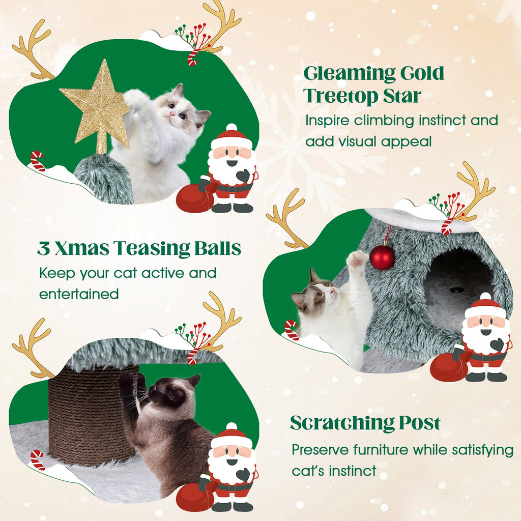 Christmas Cat Tree for Indoor Cats 48.5 inch Tower with 2 Large Condos Scratching Post-Green